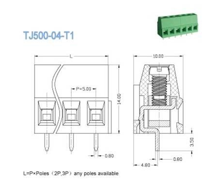 5.0mm Pcb Terminal Block Connectors 10A Green PA66 Brass 300V 2-28 Poles