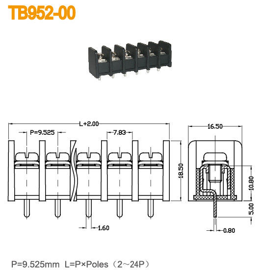 Abstand des rechtwinkligen Draht-Einlasses des 9.52mm Sperren-Verteiler-300V 20A 2-24 Polen