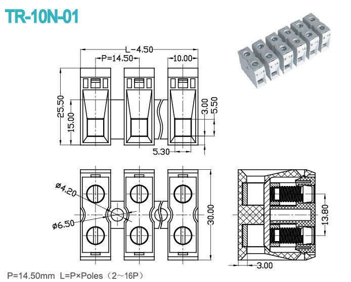 2-16 Terminalanschlussleiste 600V 65A PA66 Pole-Neigungs-14.5mm