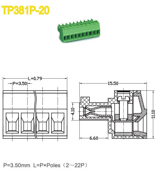 PA66 steckbarer Anschlussklemmenblock mit Buchse, 3,5-mm-Raster, 300 V, 8 A, 2–22 Pole