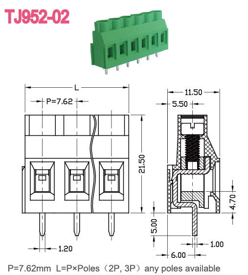 Messing-Klasse 7.62mm Neigung PWB-Schraubklemme-Klemmenblock M3 300V 30A PA66 UL94-V0