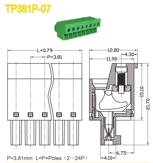 3.81mm Schraubstecker in Terminalblock weibliche Teile 300V 10A Grüne Farbe