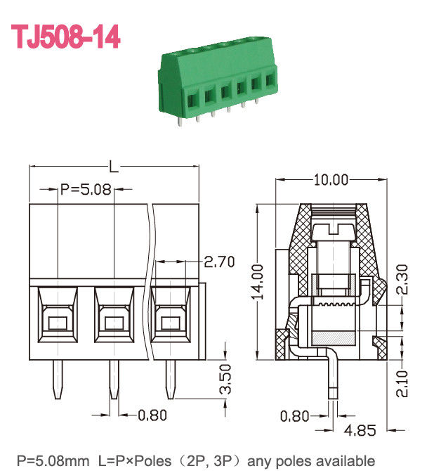 grüne Farbe des 5.08mm Neigung PWB-Schraubklemme-Klemmenblock-300V 10A M3 2-24 Polen
