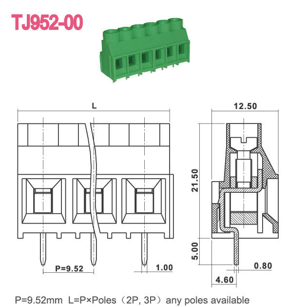 Grüne Farbem3-Schraube 9.52mm PWB-Verteiler 300V 30A 2-16 Polen