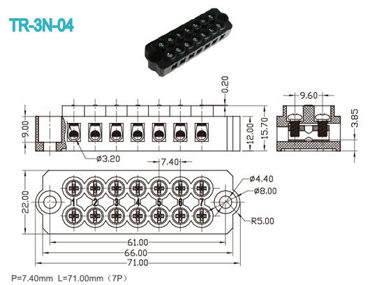 7 Polen schließen Verteilerverbindungsstück 300V/20A Schwarzes 12-16 AWG-Lehremessingschraube m3 an