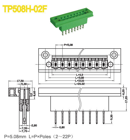 Grüner männlicher Titel schließen Verteiler mit Sockeln 18A PA66 2-22 Polen des Flansch-5.08mm an