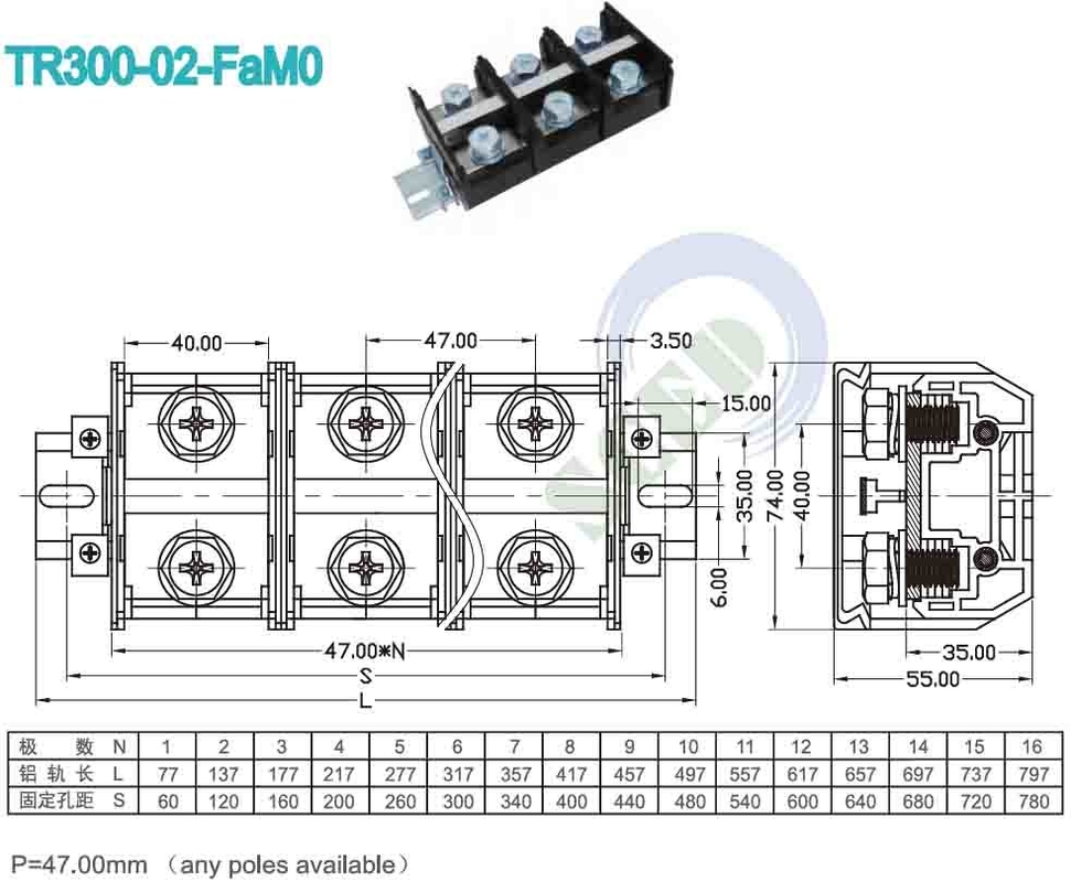 PCB-Panel-Mount-Terminalblock 47,00 mm 600V 300A PC Schraubschraub-Terminalanschluss