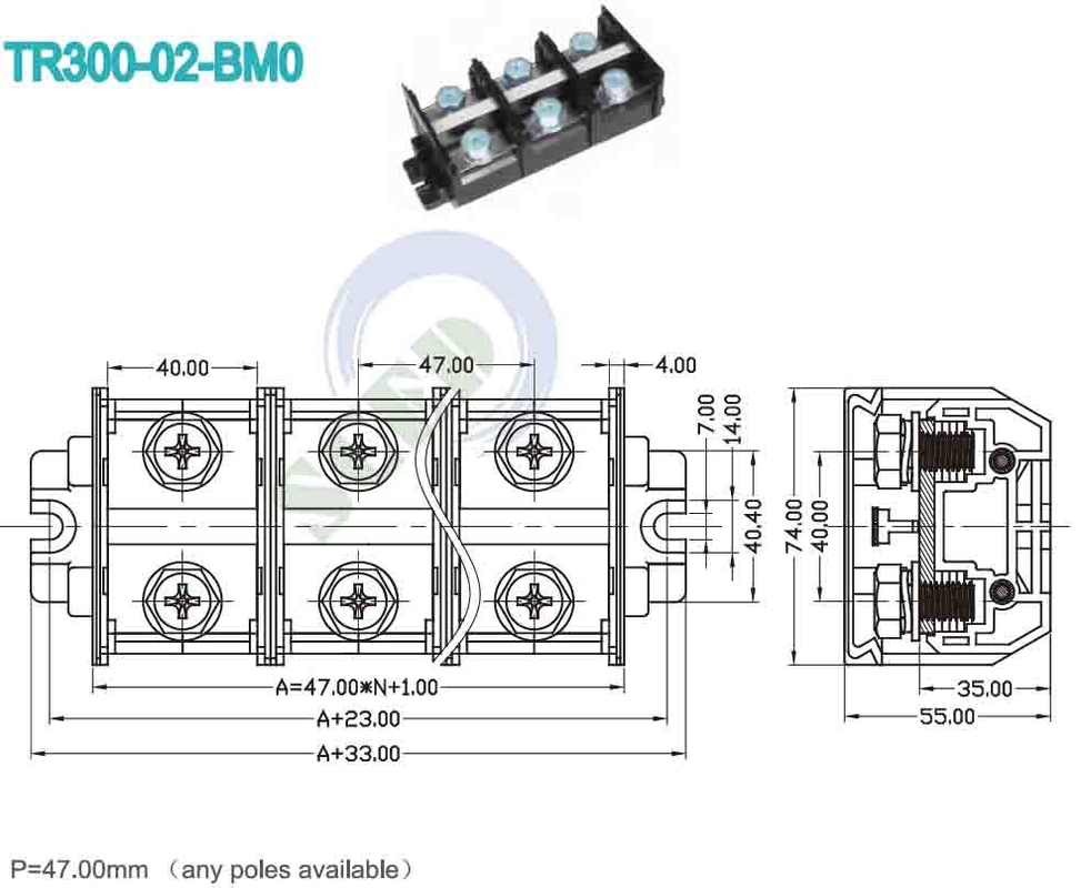 300A Schienenterminal Block 47,0mm 600V Schwarzer PC-Material Schraubanschluss