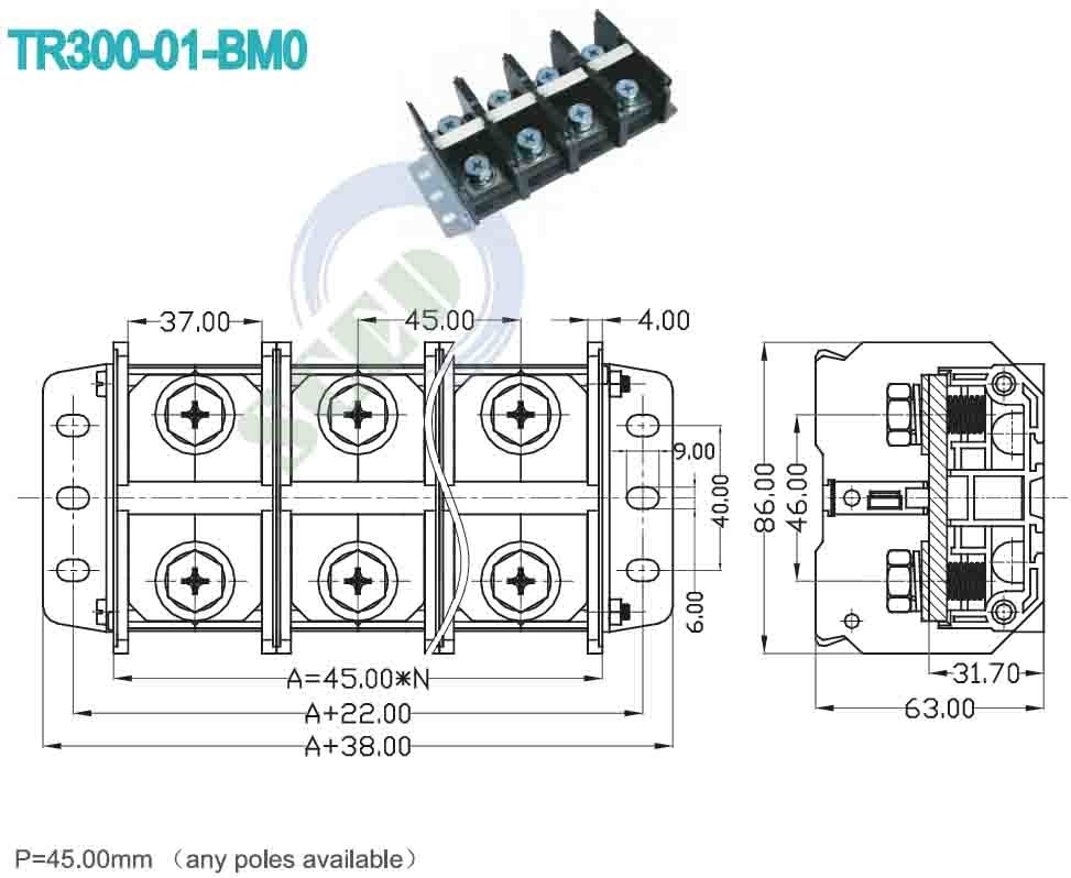 600V 300A Hochstrom-Terminalblock Schwere Spannung 45.00mm Elektrischer Terminalanschluss
