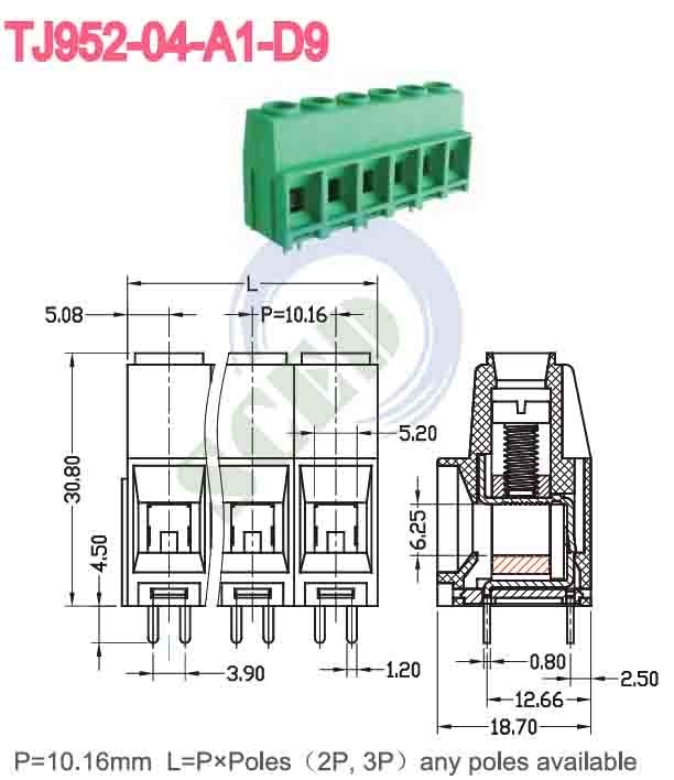 10.16mm 57A PCB-Terminalblock Grün Messing PA66 Nickelplattiert