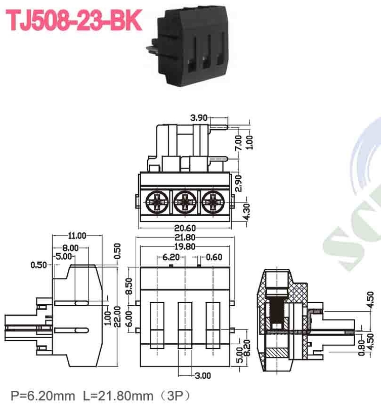 300V 10A M3 Schraubende Endverbindung 12 24 AWG PBT 6,2 mm Abstand Messing