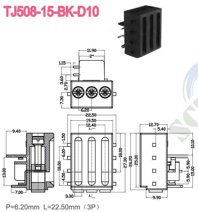 300V 15A 6,2mm Endblockanschluss für Leiterplatten mit M3-Schraube und Zinnplatte