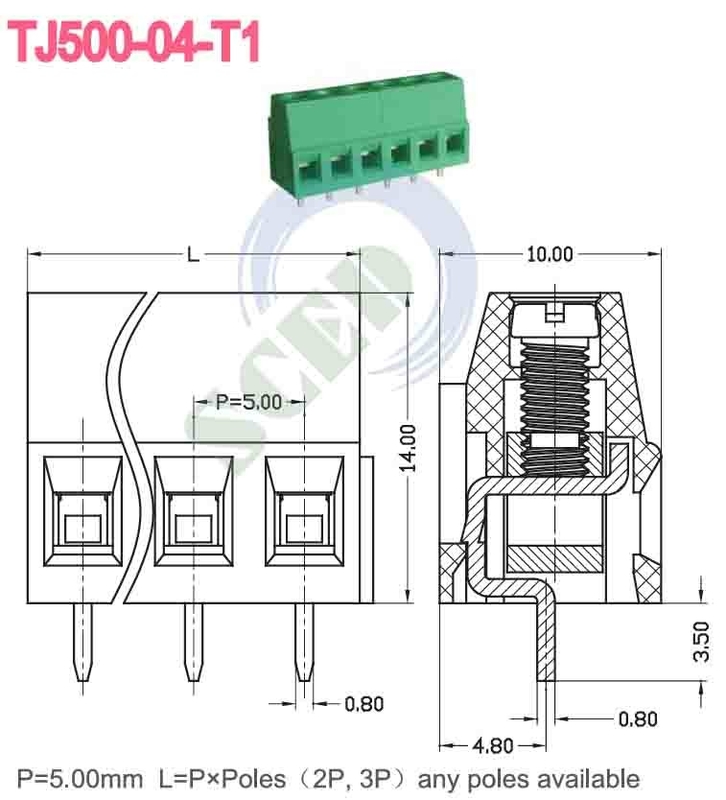 300V 10A M3 Schraube 12-26 AWG Endblockanschluss PA66 Dämmstoff Grün 5,08mm Abstand