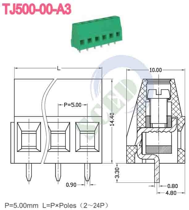 Abstand 5,00mm 300v PCB-Terminalblock 10A 2P-24P Rechtwinkeldraht Eingang 12-26 AWG