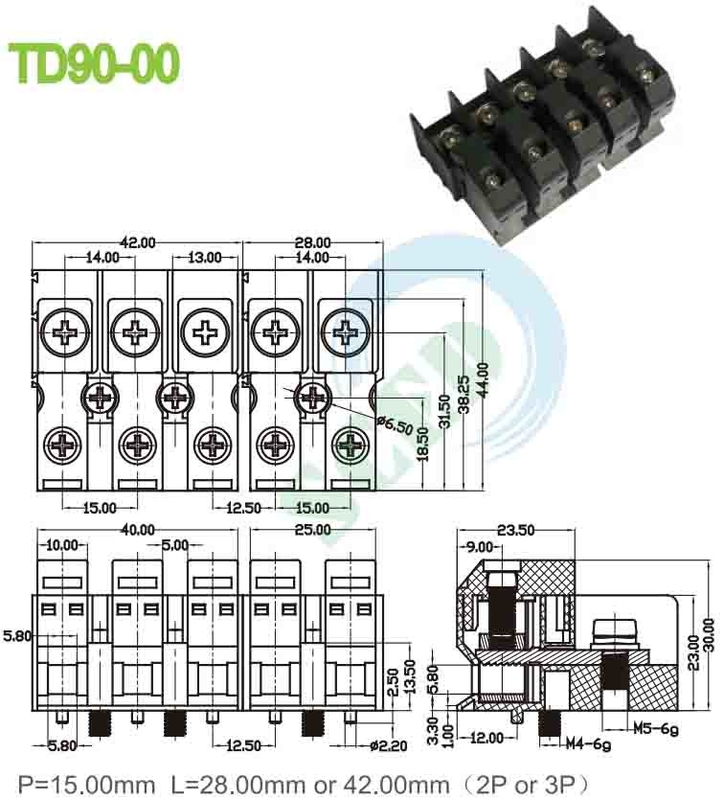 Durchspeisung 90A 600V PA66 M5 Perforationsterminalblock 15.00mm 4-20 AWG