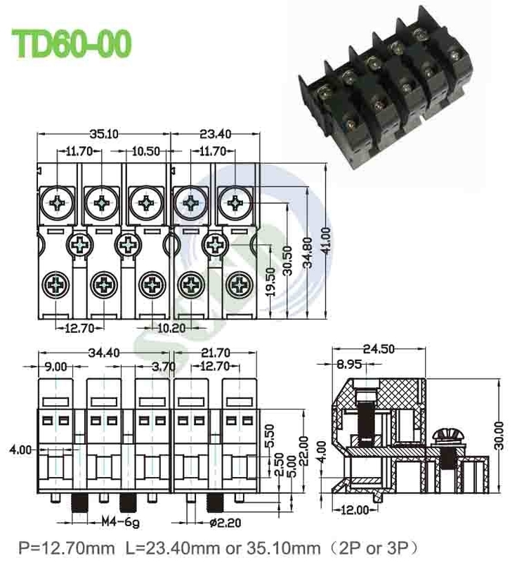 Electrical Feed Through Terminal Block Connector 600 Voltage 60A PA66 12.70mm