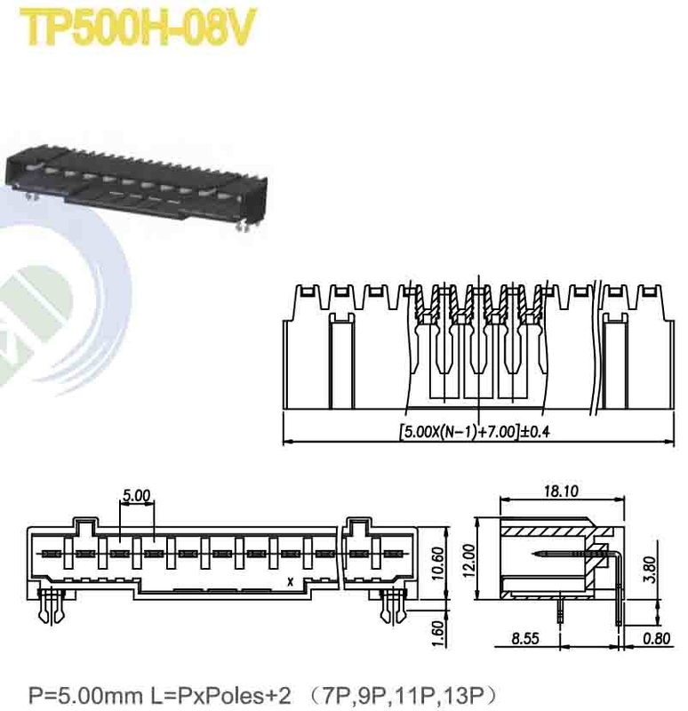 Male Pluggable Copper Terminal Block 5.00mm 300V 14.5A for Flexible Design Competitive PA66+25%GF